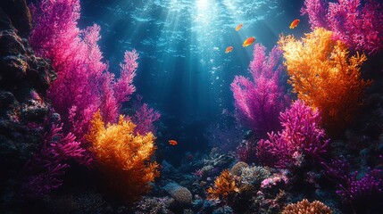 Naklejka premium Vibrant Coral Reef with Colorful Fish and Sunlight Reflections