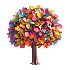Colorful Paper Origami Tree with Vibrant Leaves on Transparent Background