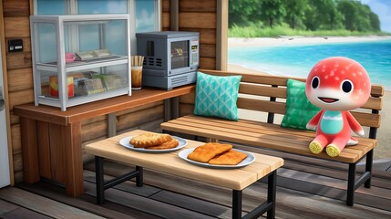 Red Animal Crossing Character on Bench near the Beach with Treats and a Glass Display Case