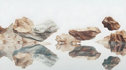 Fototapeta premium Isolated Rocks Floating in Air Above Serene Water Reflection