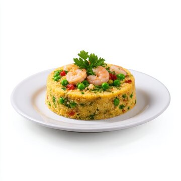 A Cuscuz Paulista dish a Brazilian steamed couscous cake with shrimp peas eggs and other ingredients is displayed on a white plate 