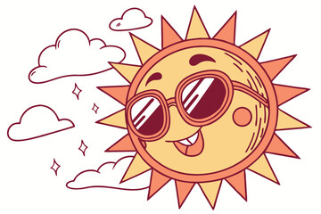 29 Cartoon sun character, oversized red sunglasses, smiling face, orange and yellow gradient, spiky sun rays, cheerful expression, summer vibes, white background, vector art style, playful design, vib