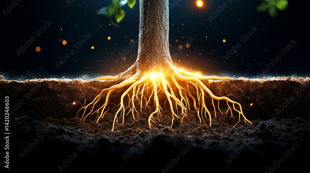 Poster illuminated roots of a tree extend through dark soil, showcasing a vibrant network. golden light ema