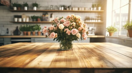 Rustic kitchen table with bouquet of flowers