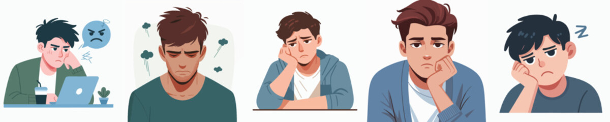 Vector collection of young men and women Gloomy Face down with a lethargic expression