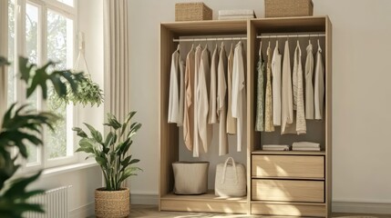Modern wardrobe with clothes and plants in bright room