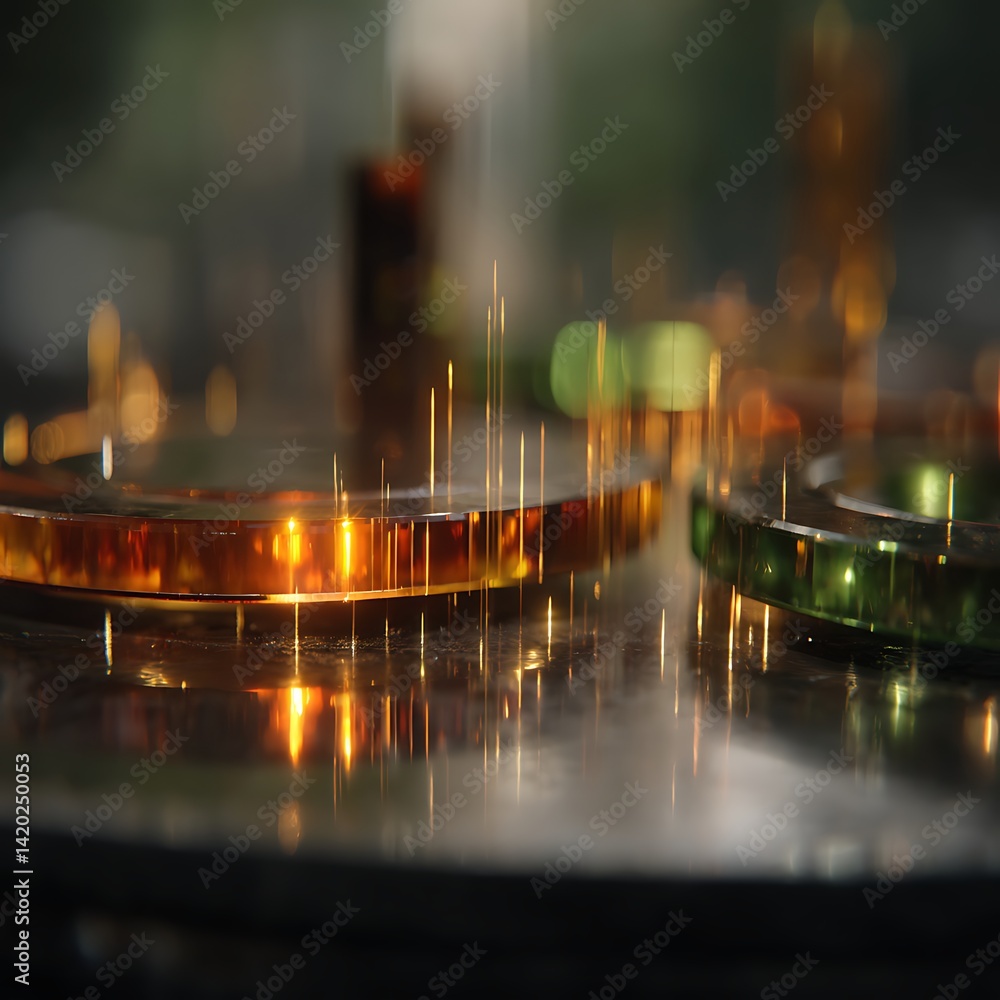 Poster reflective circular metallic elements with light beams on polished surface artistic composition.