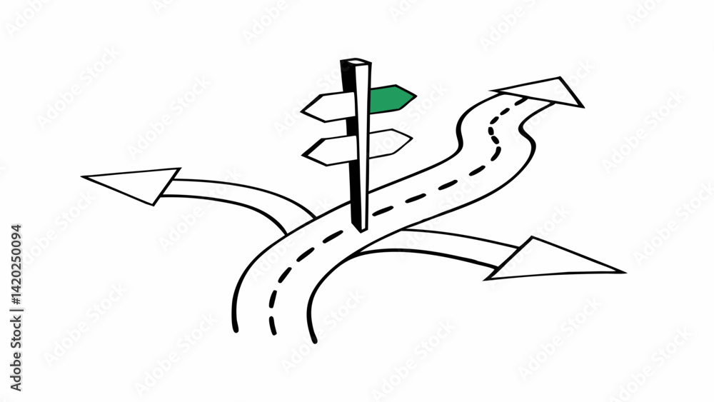 Poster Illustration of a signpost with multiple directional arrows and roads diverging in different directions created with generated ai