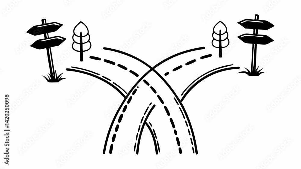 Poster road bifurcation illustration with signposts and trees in a monochrome design style vector image cre