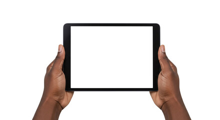Hands holding tablet mockup with blank white screen for app or website design view isolated on transparent background