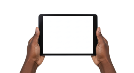Hands holding tablet mockup with blank white screen for app or website design view isolated on transparent background