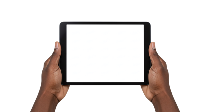 Hands holding tablet mockup with blank white screen for app or website design view isolated on transparent background