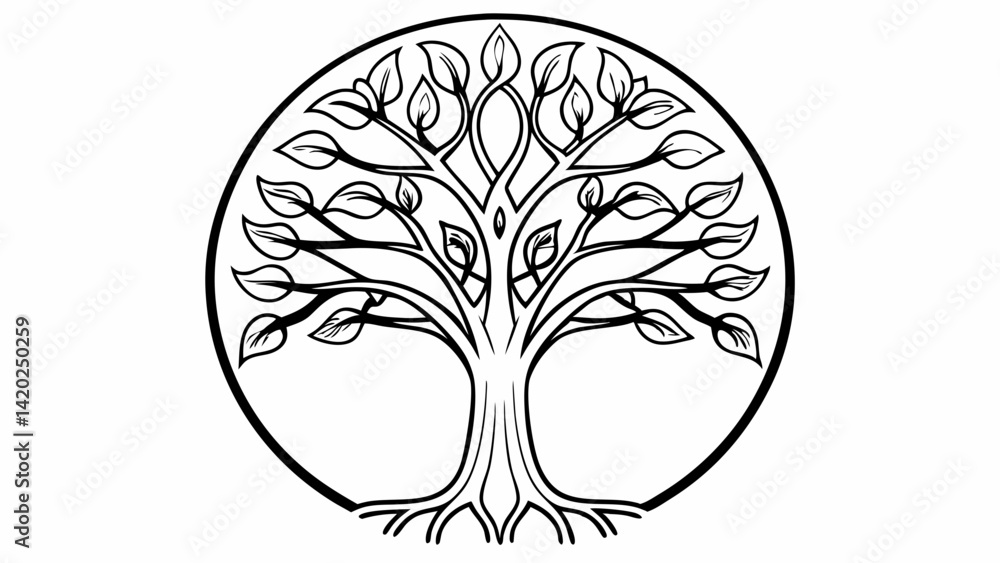 Poster illustration of a detailed tree with leaves inside a circle on a white background design element cre