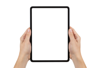 Hands holding digital tablet device mockup with blank white screen for app design isolated on transparent background