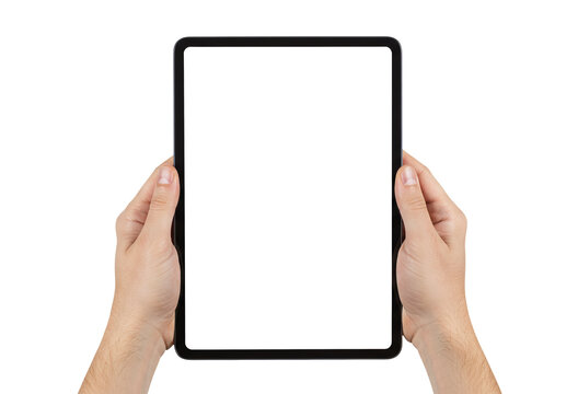 Hands holding digital tablet device mockup with blank white screen for app design isolated on transparent background