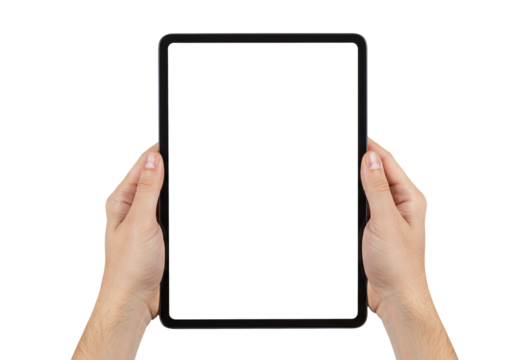 Hands holding digital tablet device mockup with blank white screen for app design isolated on transparent background
