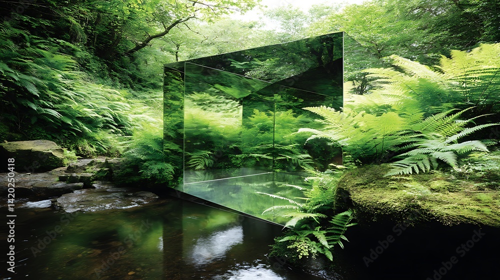Poster reflective mirror cube in lush green forest nature blend architecture innovation art display scenery