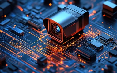 Security camera on circuit board, glowing wires