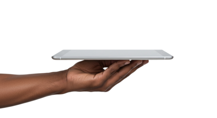 Hand holding silver tablet device technology concept isolated on transparent background