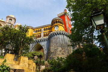 Famous historic Pena palace part of cultural site of Sintra in Portugal. its eclectic mix of architectural styles and influences. The construction took place between 1842 and 1854