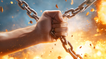 A powerful fist tightly grips heavy chains against a dramatic explosion backdrop. The scene conveys themes of strength and resilience, perfect for a motivational context or artistic interpretation