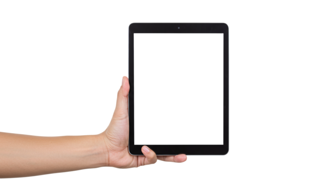 Hand holding tablet mockup blank screen for app design presentation template isolated on transparent background