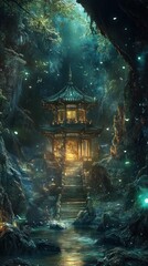 Naklejka premium Mystical illuminated pagoda in a serene forest landscape with a tranquil stream