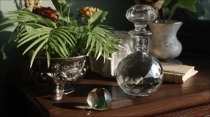 Fototapeta premium Refractive Elegance Still Life with Green Plants and a Glass Decanter on a Wooden Surface.