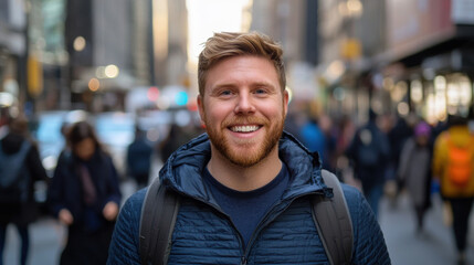Fototapeta premium A man with a beard and a blue jacket is smiling in a busy city street