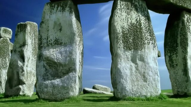 Ancient stone circle, weathered, on green field with a blue sky, sunny day