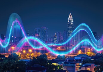 Night cityscape with vibrant, dynamic data wave overlay