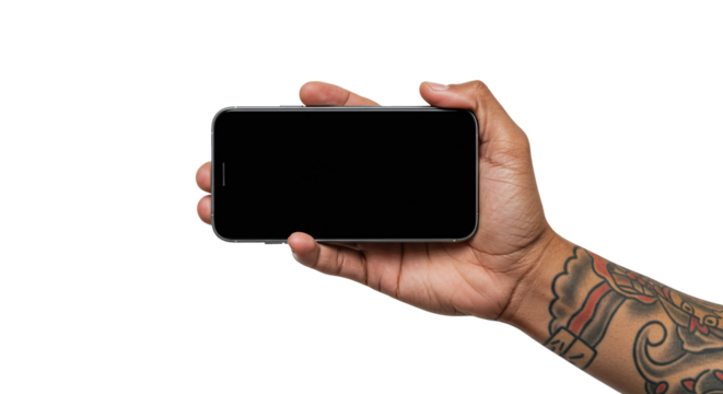 Hand holding smartphone mobile device with blank screen isolated on transparent background