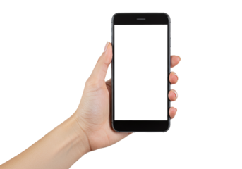 Hand holding smartphone device mockup with white screen mobile phone application display isolated on transparent background