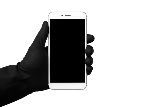 White smartphone mockup in hand for app presentation and ui design template use isolated on transparent background