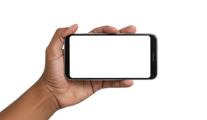 Hand holding smartphone in landscape mode for mobile gaming and app usage view isolated on transparent background