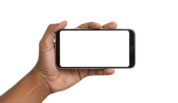 Hand holding smartphone in landscape mode for mobile gaming and app usage view isolated on transparent background