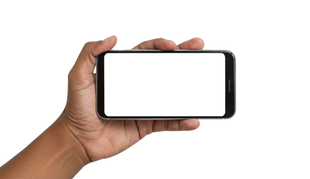 Hand holding smartphone in landscape mode for mobile gaming and app usage view isolated on transparent background