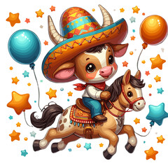 Festive cartoon illustration of a Texas Longhorn calf wearing a sombrero and riding a pony with balloons
