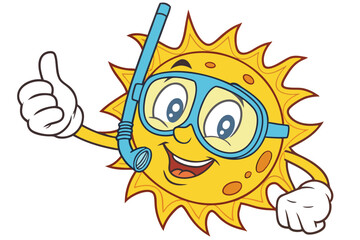 31 Cartoon sun character, smiling face, blue snorkel mask, snorkel tube, thumbs up gesture, bright yellow and orange colors, cheerful expression, big eyes, white glove, summer vacation theme, vector i
