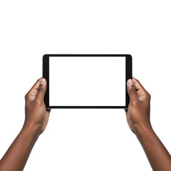 Person holding digital device mockup for app design presentation and advertising isolated on transparent background