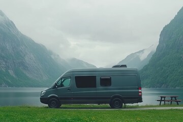 A green van is parked next to a picnic table by a lake. camper van parked at the green grass by lake with mountain background in cloudy day