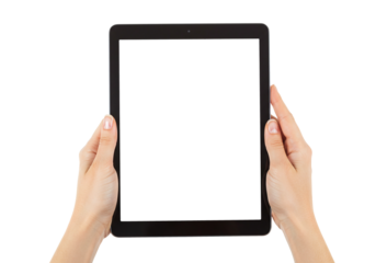 Hands holding black digital tablet device with blank screen mockup template for presentation app isolated on transparent background