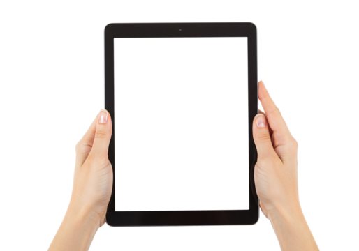 Hands holding black digital tablet device with blank screen mockup template for presentation app isolated on transparent background