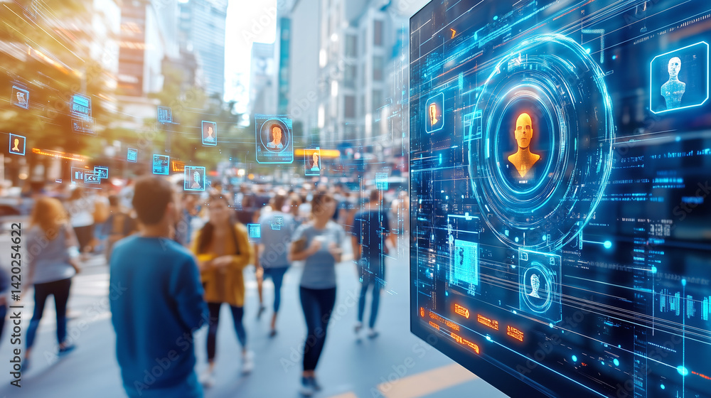 Poster crowds navigate a bustling urban street filled with lively activity while interacting with high-tech
