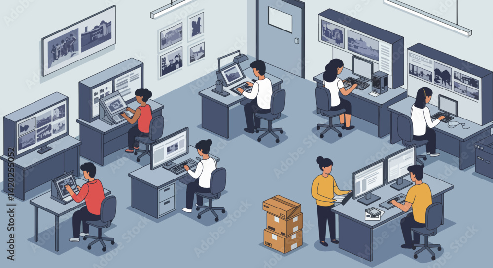 Poster office workers engaged in various tasks in a modern workspace