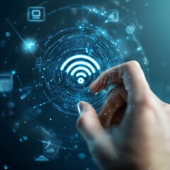 Fototapeta premium Hand controlling digital 5G network symbol in modern technology scene