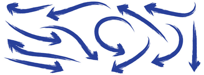 Blue hand-drawn vector arrow set. Arrow crayon brush doodle chalk line stroke. Sketch pencil texture line scribble arrow icon on a white background