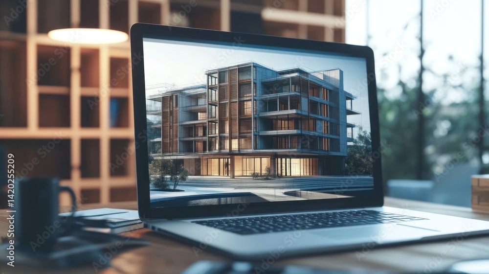 Poster modern architectural design displayed on a laptop screen
