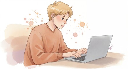 Fototapeta premium Teenager using laptop, showing concentration, digital work, pastel colors, for websites
