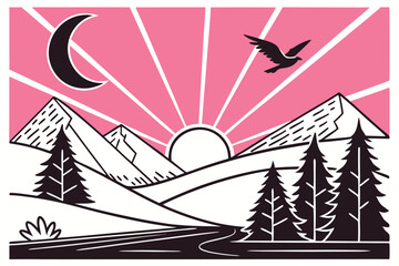 32 Minimalist landscape illustration, vibrant pink sunset, yellow mountains, stylized trees, geometric shapes, crescent moon, flying bird, black and pink color palette, flat design, vector art style, 